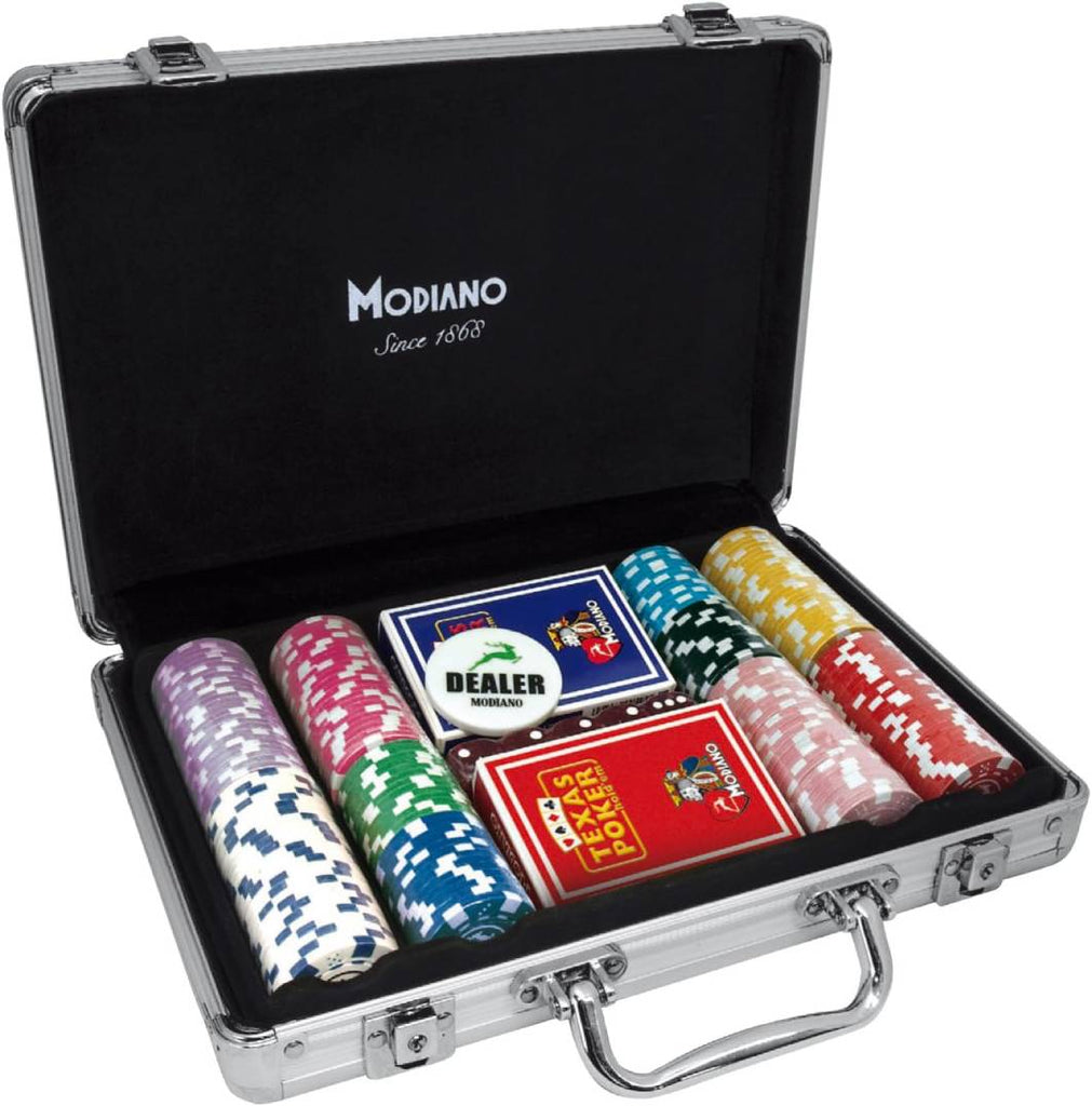 200-Piece Poker Chips Set (14g) with 2 Decks of Poker Cards & Suitcase Modiano Modiano