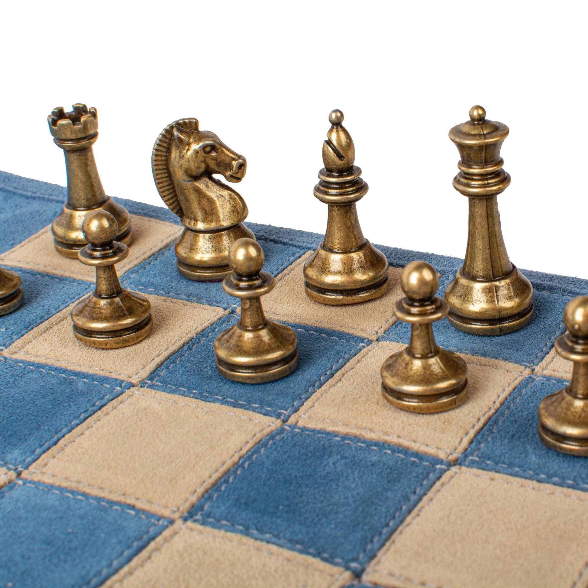 Handcrafted Travel Size Chess Set with Metal Chessmen (Denim Blue