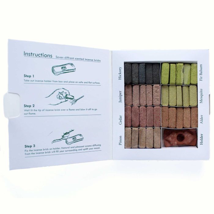 Display Set of 70 Incense Smudge Bricks and Burner - 7 Earthy Himalaya Incenso Ancient Wisdom