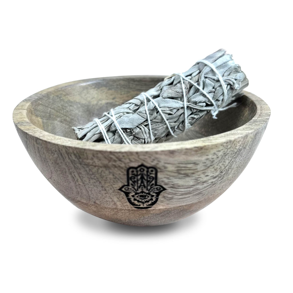 Wooden Smudge and Ritual Offerings Bowl - Hamsa Ancient Wisdom (14x7) Ancient Wisdom