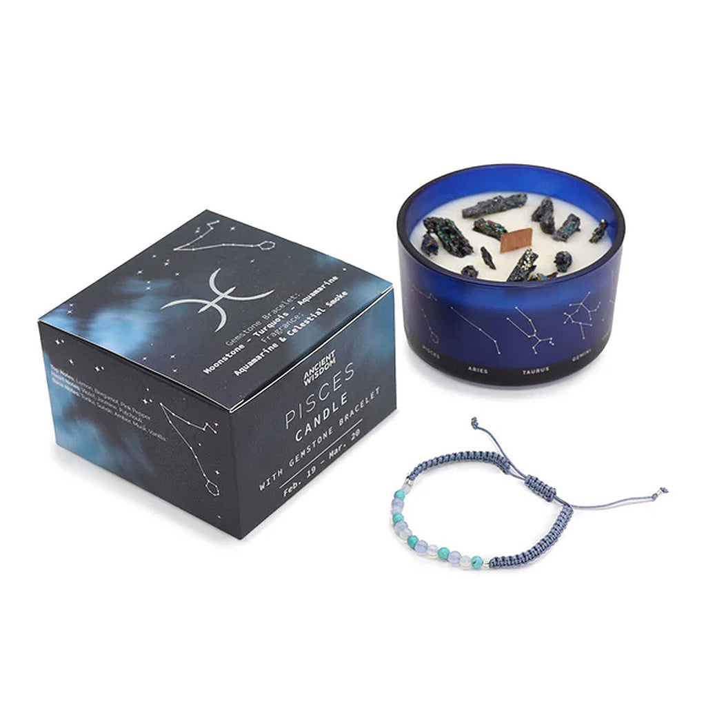 Zodiac Crystal Candle with Gemstone Bracelet - Pisces Ancient Wisdom Ancient Wisdom