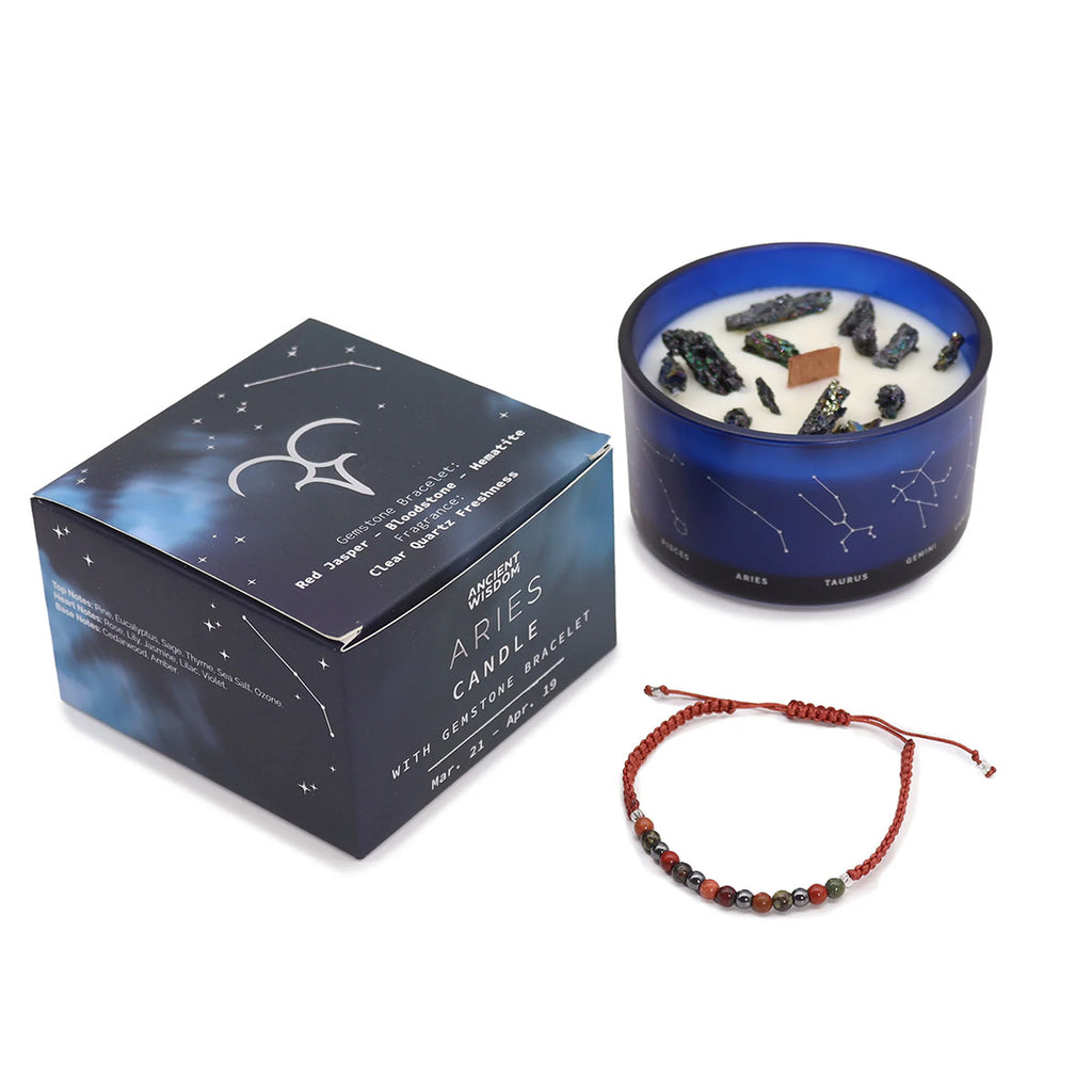 Zodiac Crystal Candle with Gemstone Bracelet - Aries Ancient Wisdom Ancient Wisdom