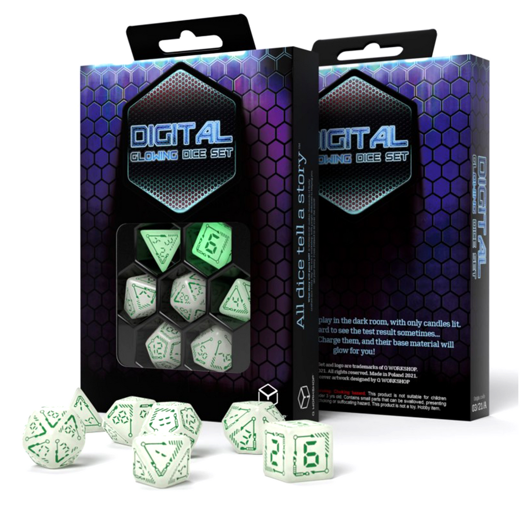 Digital Glowing Dice Set milky glow in the dark and green Q-Workshop