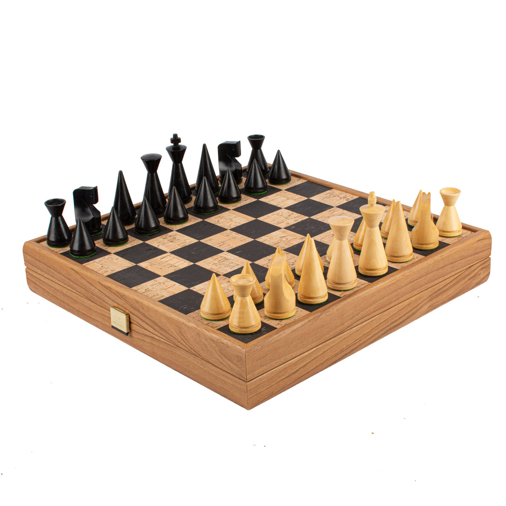 Black Natural Cork Chessboard 40cm Inlaid on wooden box with natural & ebonised chessmen Manopoulos Manopoulos