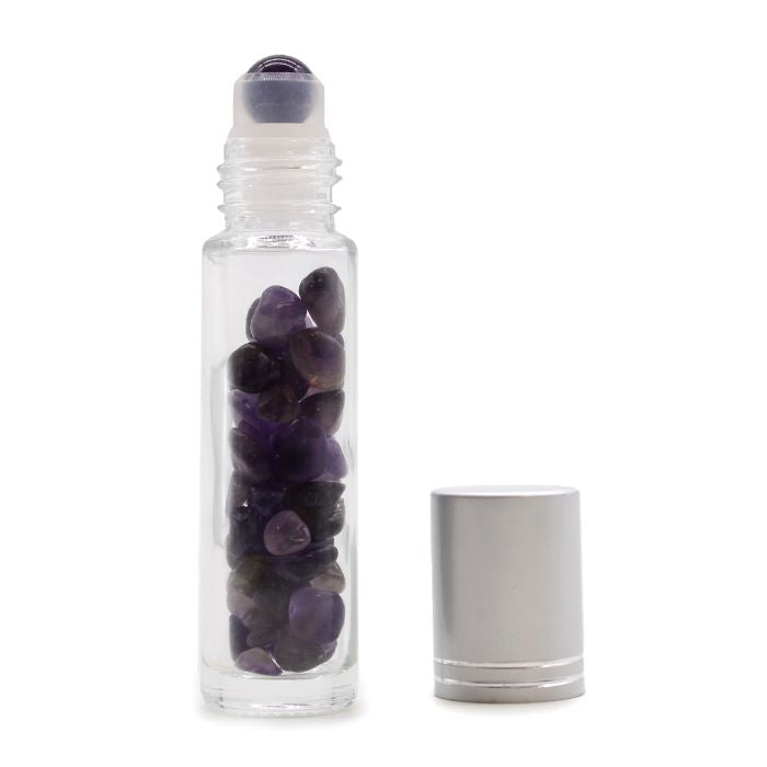 Gemstone Essential Oil Roller Bottle - Amethyst - Silver Cap Ancient Wisdom