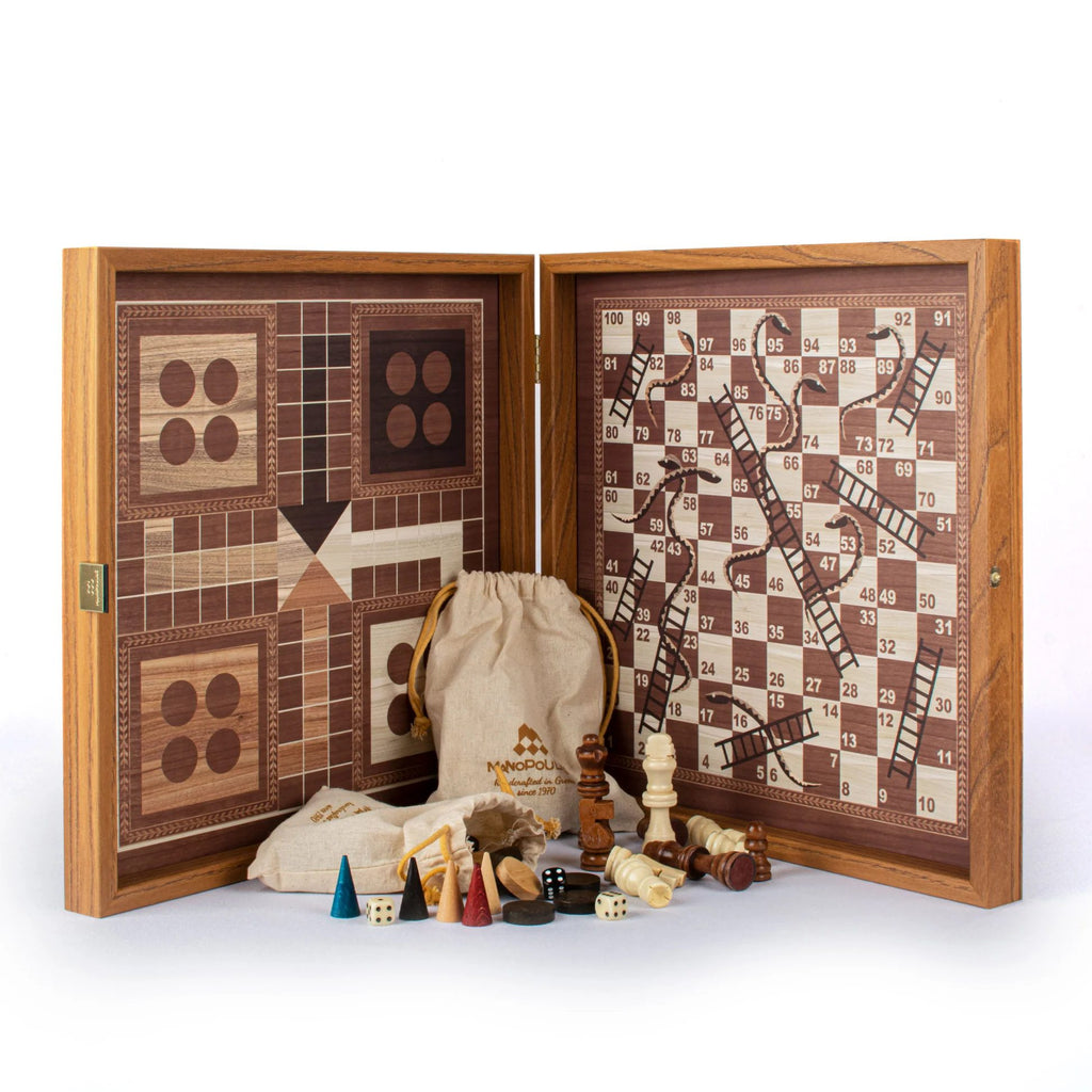 Classic Style 4-in-1 Combo Game Set: Chess, Backgammon, Ludo & Snakes (M size) Manopoulos Manopoulos