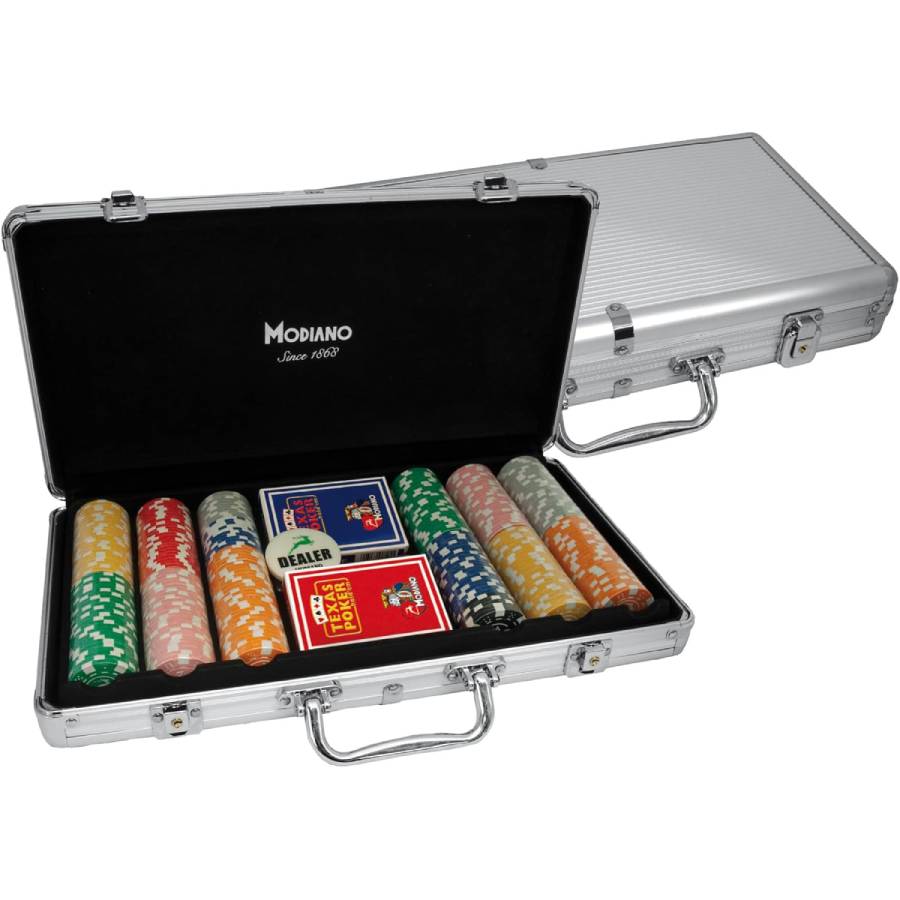 300-Piece Poker Chips Set (14g) with 2 Decks of Poker Cards, 5 Dice, 1 Dealer & Suitcase Modiano Modiano