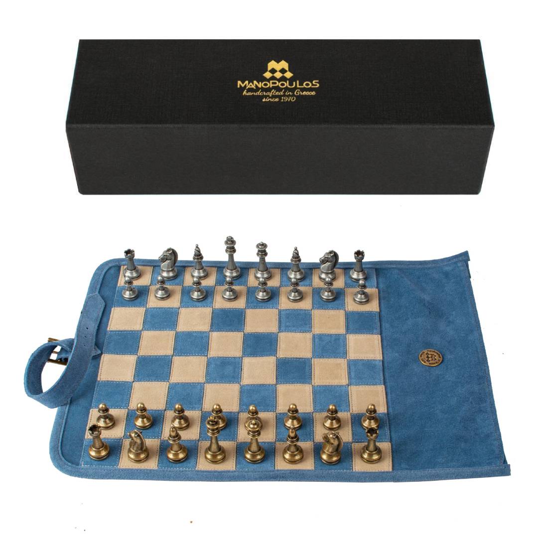 Handcrafted Travel Size Chess Set with Metal Chessmen (Denim Blue