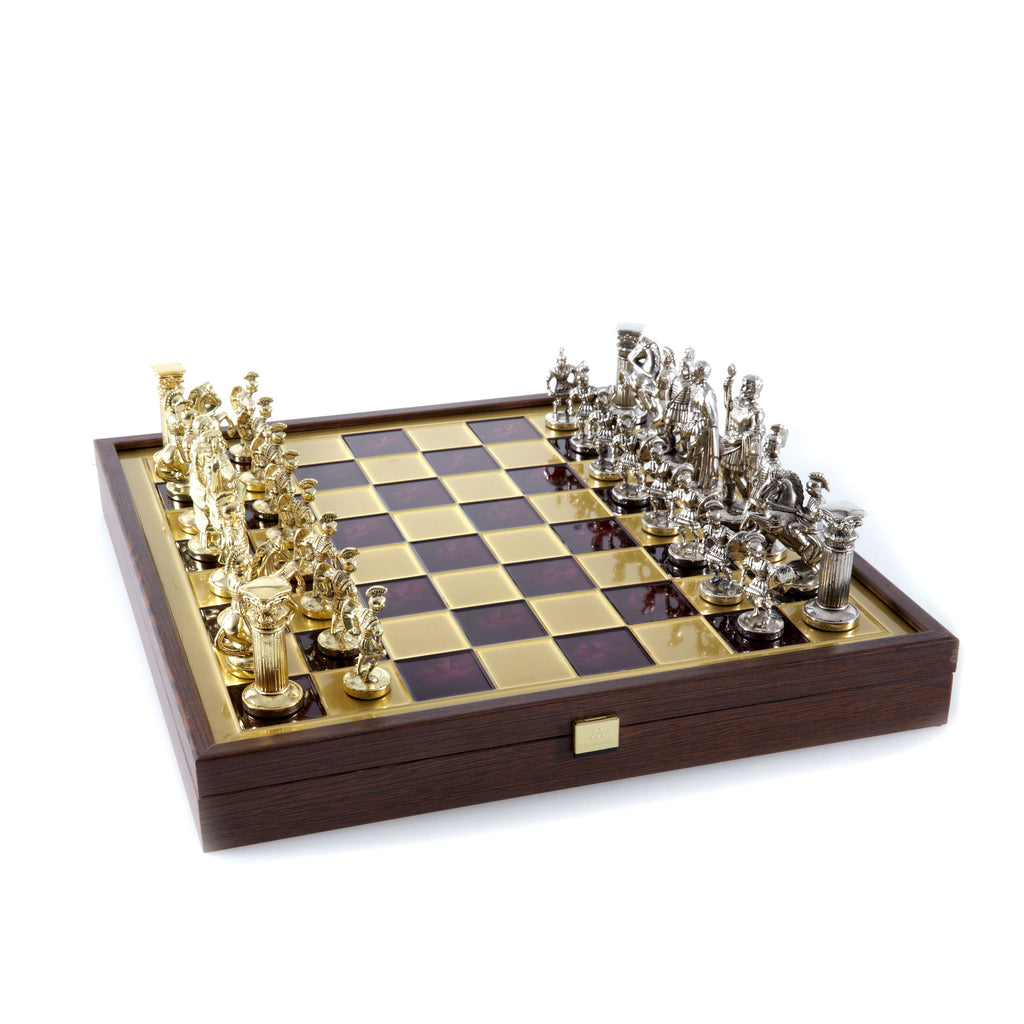 Greek Roman Period Metal Chess Set With 41 x 41cm Wooden Chessboard/Box Manopoulos Manopoulos