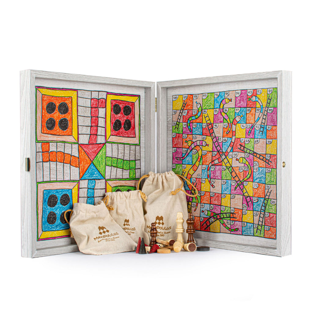 Chess/Backgammon/Ludo/Snakes - Children's Freehand Colored Drawing Sketch in Grey wooden case Manopoulos