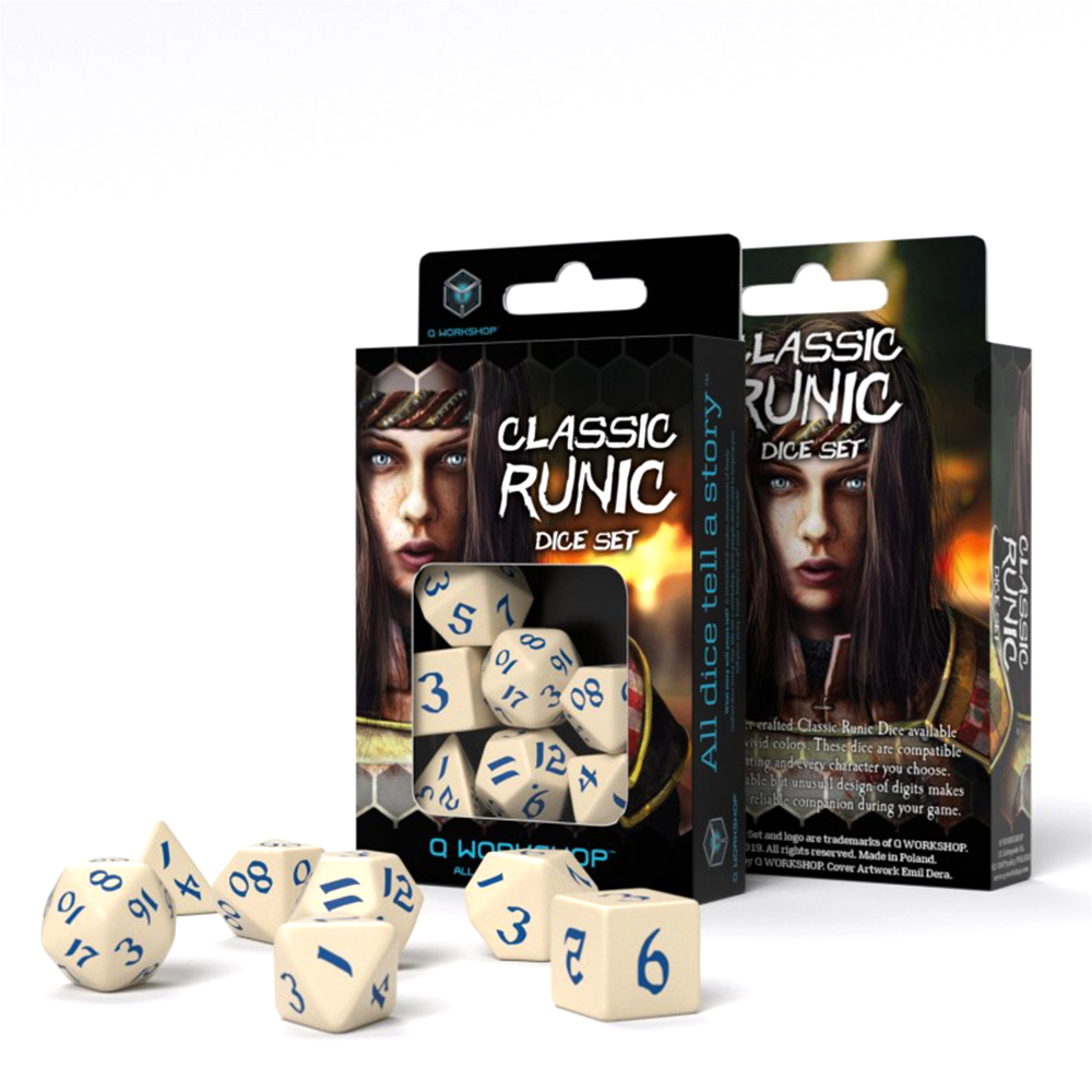Classic Runic Dice Set beige and blue Q-Workshop