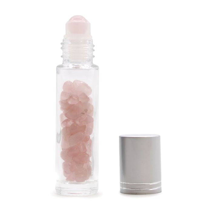 Gemstone Essential Oil Roller Bottle - Rose Quartz - Silver Cap Ancient Wisdom