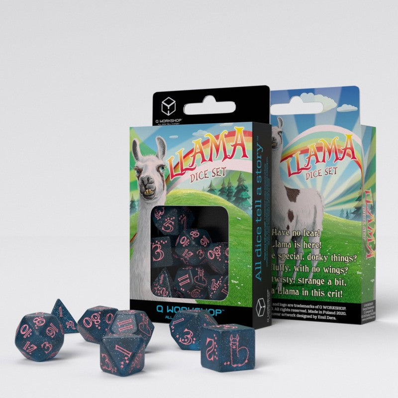 Sparkling Llama Dice Set Glittering dark blue and pink Q-Workshop