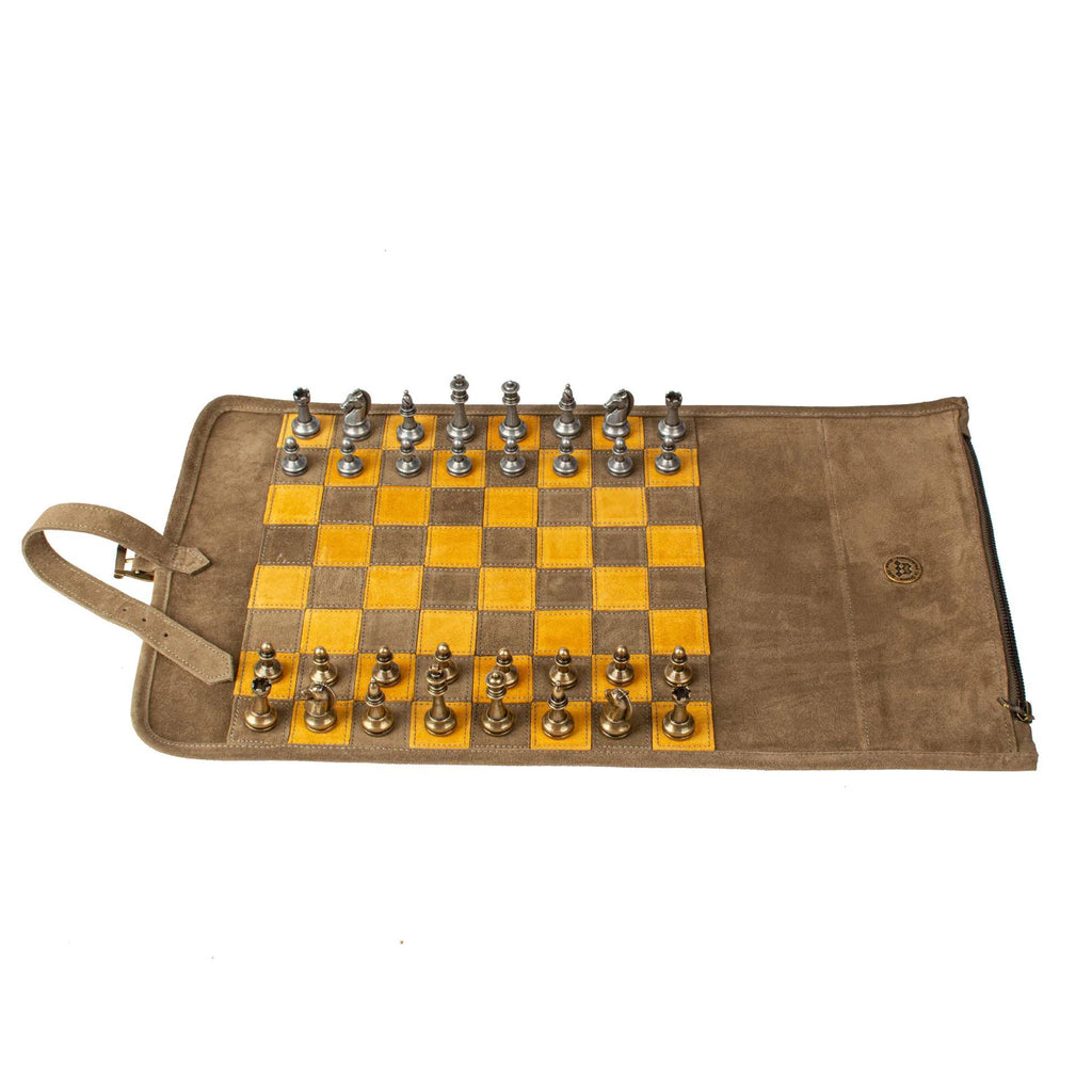 Handcrafted Travel Size Chess Set with Metal Chessmen (Khaki Brown) Manopoulos Manopoulos