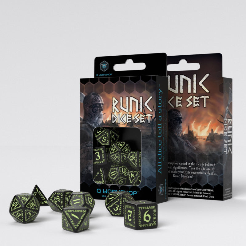 Runic Dice Set black and glow in the dark Q-Workshop