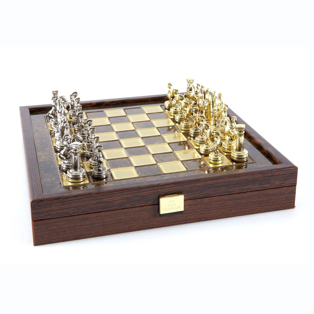 Greek Roman Period Metal Chess Set With 27cm Brown Wooden Chessboard/Box Manopoulos Manopoulos
